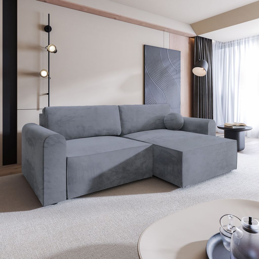 Masseno Ecksofa FIANO M mit Schlaffunktion L-Form, Sofa mit Bettkasten, Wohnzimmersofa, Couch, Soffa, Bettsofa, Couchgarnitur- Grau, MONOLITH 85