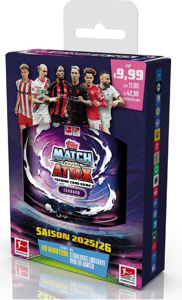 A product box for Topps Match Attax Bundesliga trading cards, featuring images of soccer players and game branding.