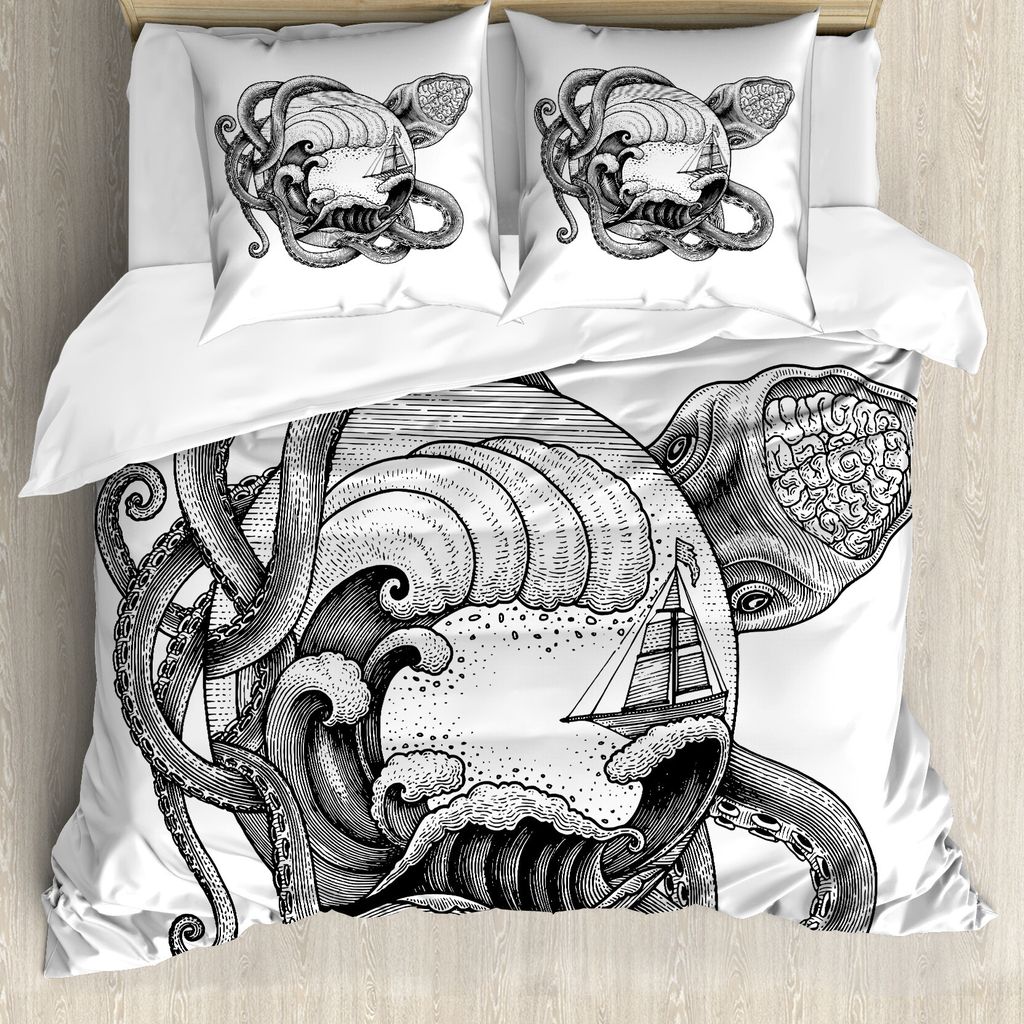 ABAKUHAUS Vintage Nautical Tattoo Bettbezug Set für Einzelbetten, Zusammenfassung Octopus, Milbensicher Allergiker geeignet mit Kissenbezug, 200 c...