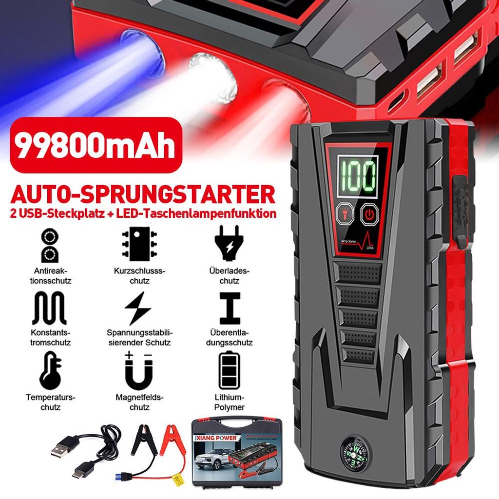 99800mAh Auto Starthilfe Powerbank Jump Starter Notstart Batterie Ladegerät 12V, bis zu 6L Benzin, 5,5L Diesel
