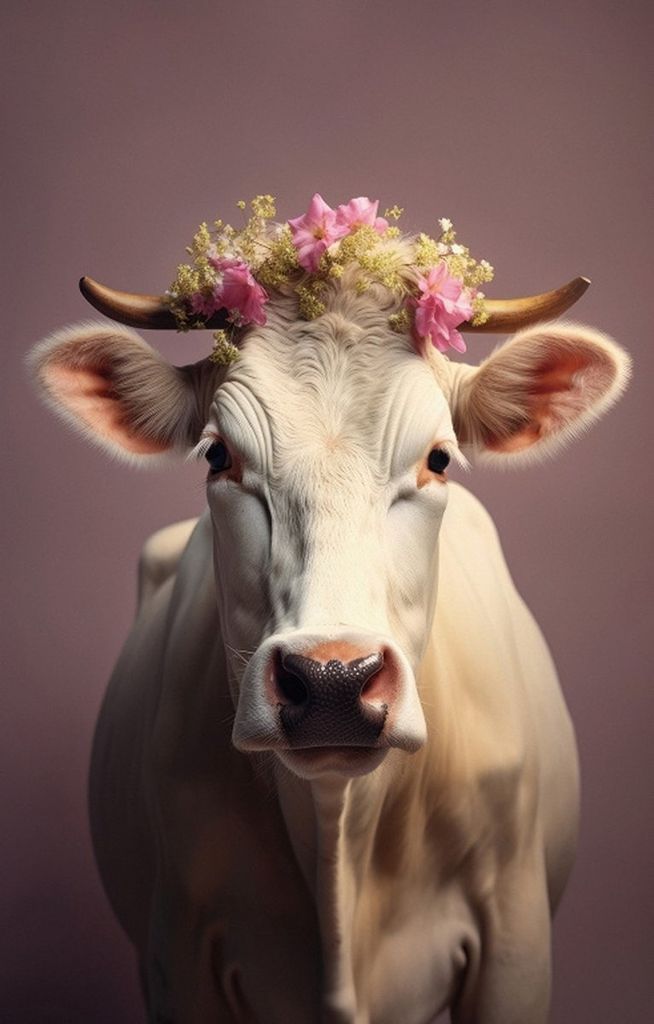 Glasgemälde Kuh mit Blume 80 x 120 cm