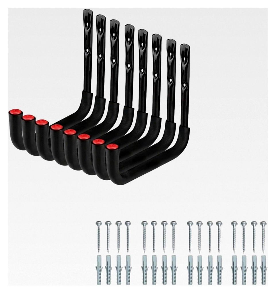 8 Stück Wandhaken für die Garage, 25 cm Leiterhaken, schwarze Wandhalterung für Gartengeräte, Sportgeräte und Werkzeuge, Tragkraft 22 kg
