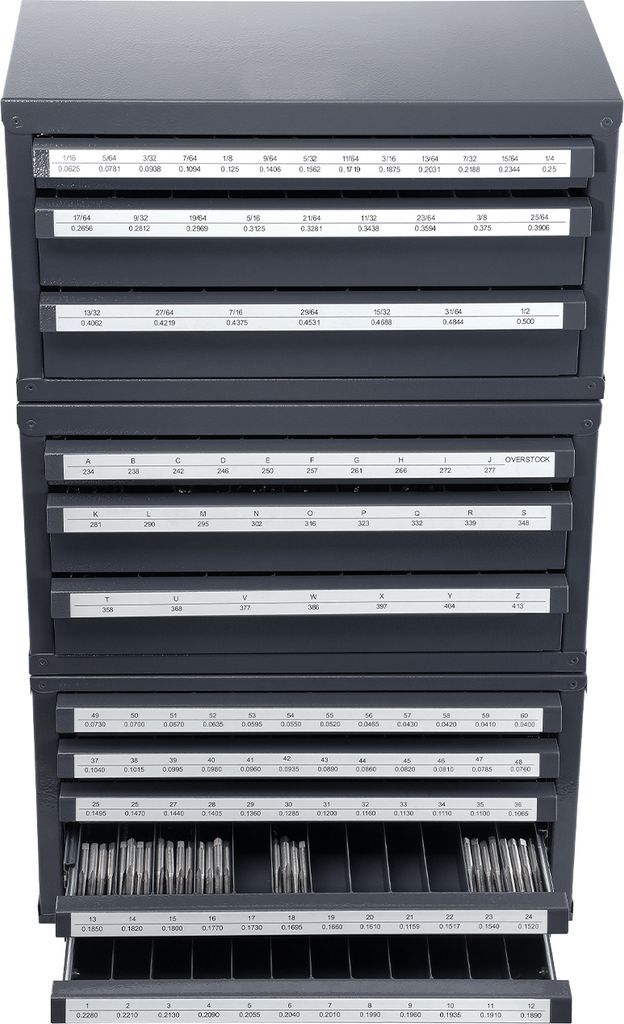 A gray metal organizer cabinet with multiple drawers, designed for storing small tools or parts.