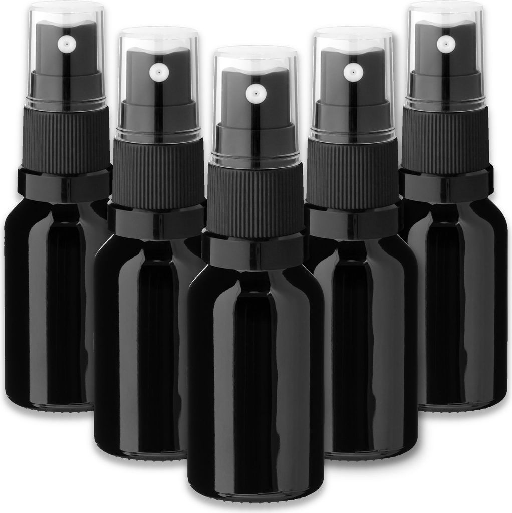 5x Glasflasche schwarz 15 ml mit schwarzem Zerstäuber Sprükopf leer