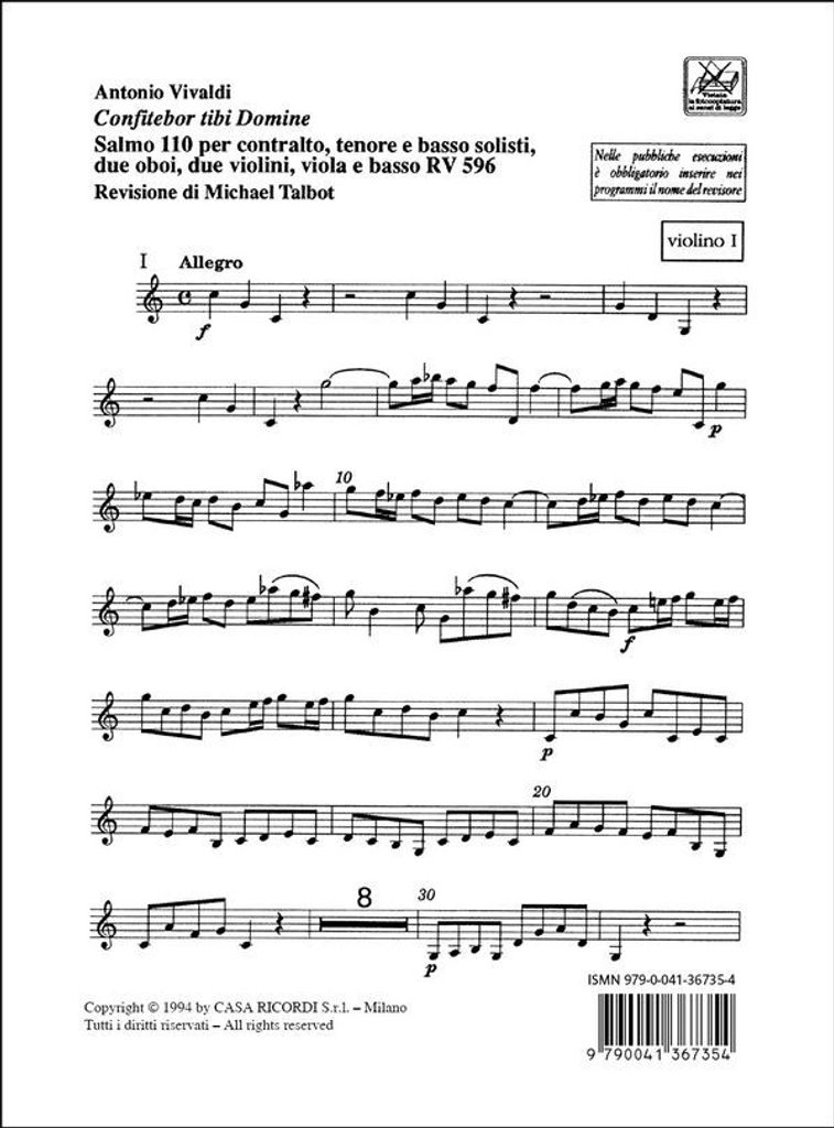 A. Vivaldi Confitebor Tibi Domine. Salmo 110 Rv 596 Orchestral material (for sale)