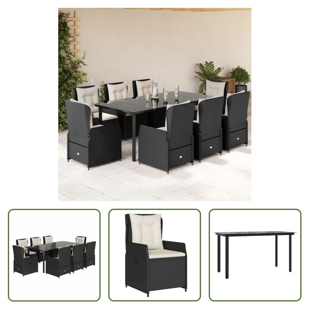 The Living Store 9-tlg. Garten-Essgruppe mit Kissen Schwarz Poly Rattan
