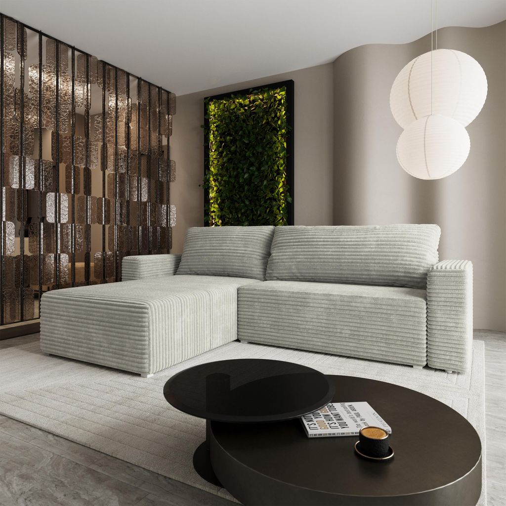Masseno Ecksofa CALTI T mit Schlaffunktion L-Form, Sofa mit Bettkasten, Wohnzimmersofa, Couch, Soffa, Bettsofa, Couchgarnitur- Hellgrau, TILIA 83