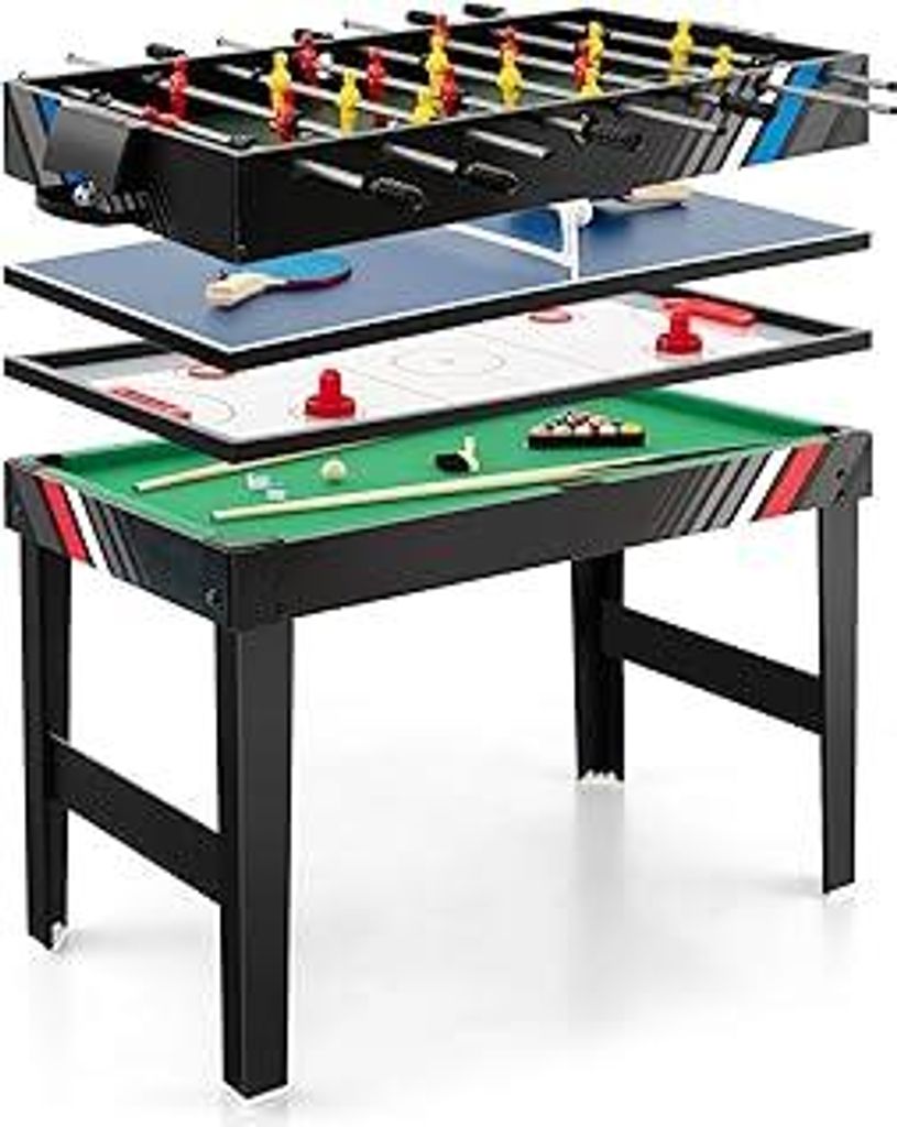 COSTWAY Multi Spieltisch, 4 in 1 Tischkicker mit Billard, Airhockey, Tischtennis, Multifunktionstisch Tischfußball mit Zubehör, Kickertisch für ...