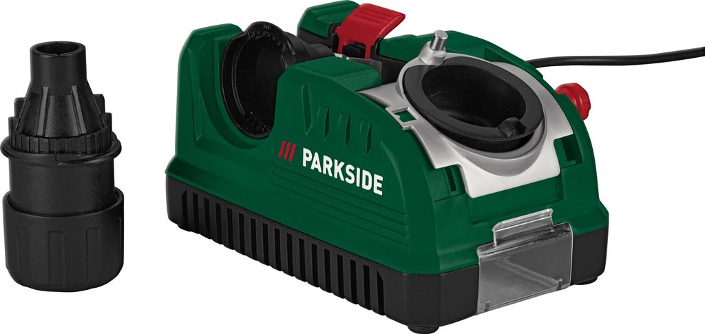 A drill bit sharpener and an accessory are shown against a white background.