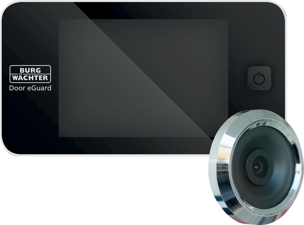 A digital door peephole viewer and its camera lens are shown against a white background.
