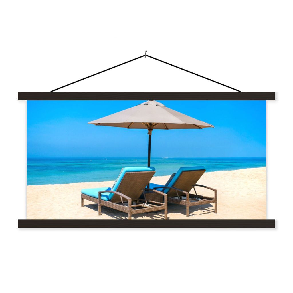 MuchoWow Textilposter Strandkorb - Sonnenschirm - Sommer - Meer 150x75 cm mit schwarzem Rahmen - Posterleiste