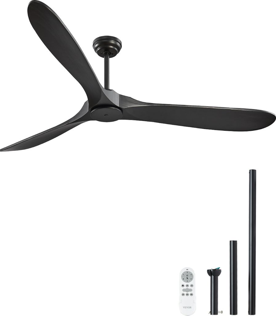 VEVOR 72" Deckenventilator ohne Licht, 6-Gang-Fernbedienung, 3 Holzflügel, für Schlafzimmer, Wohnzimmer, Terrasse, Innen/Außen, Schwarz