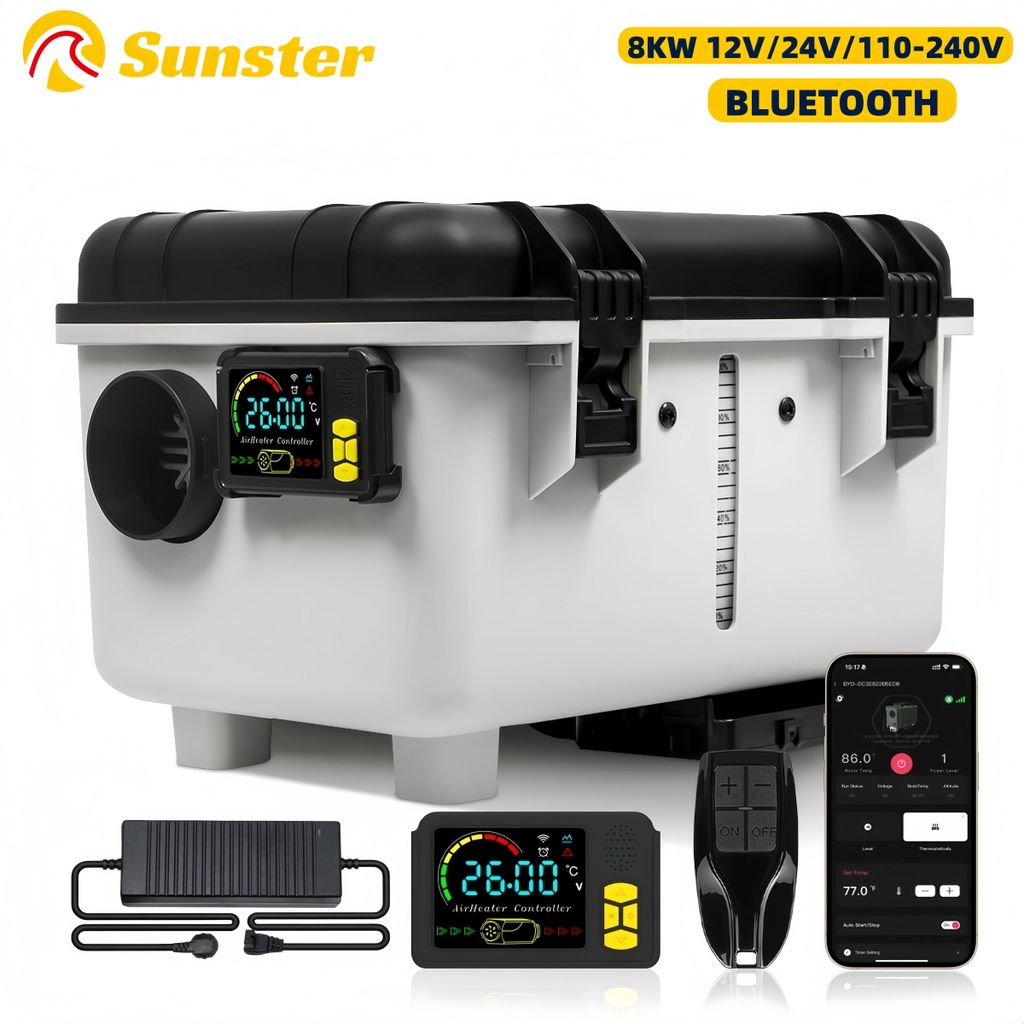 Diesel-Luftheizung - Toolbox-Modell 8 kW - 12V/24V & 110–240V - Bluetooth App & LCD - Konstanttemperatur & Belüftung - Neongelb