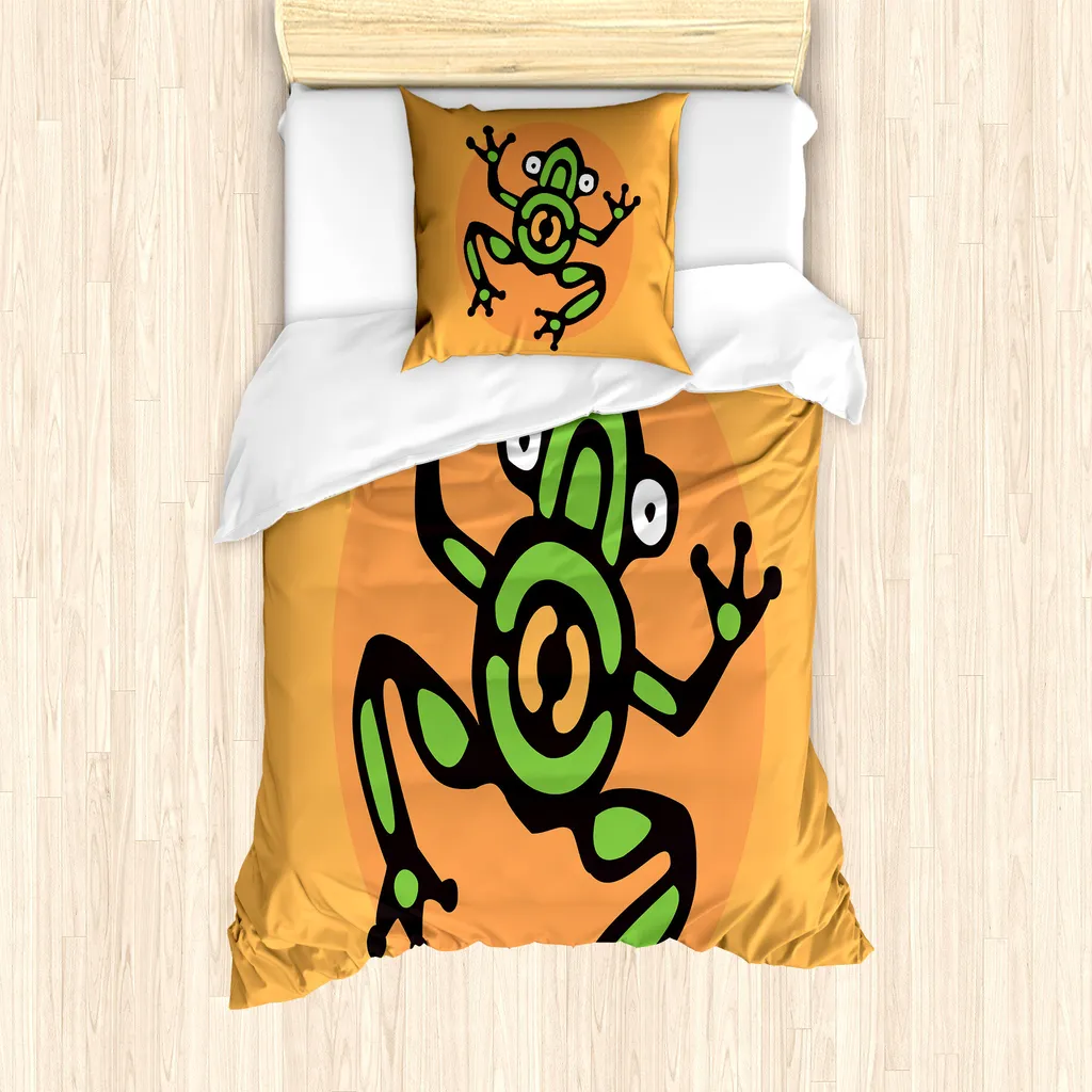 ABAKUHAUS Set copripiumino per letto singolo, Aztec Amphibie Kunst, antiacaro, adatto a chi soffre di allergie, con federa, 135 cm x 200 cm - 80 x 80 cm, albicocca verde linda