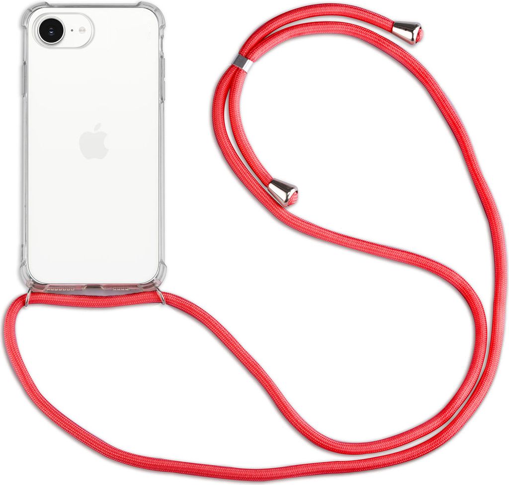 A clear product shot of a phone case with a red lanyard attached, set against a white background.