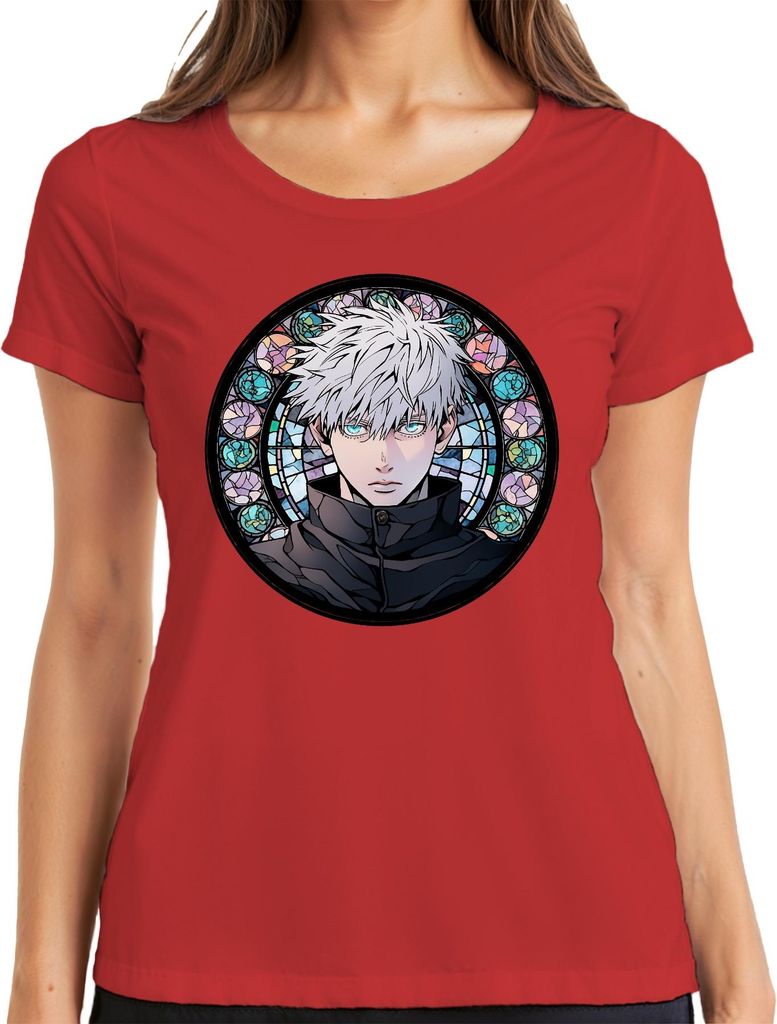 Gojo Satoru Jujutsu Kaisen Weißhaar blaue Augen Anime Geschenk Damen T-Shirt, Rot, XL