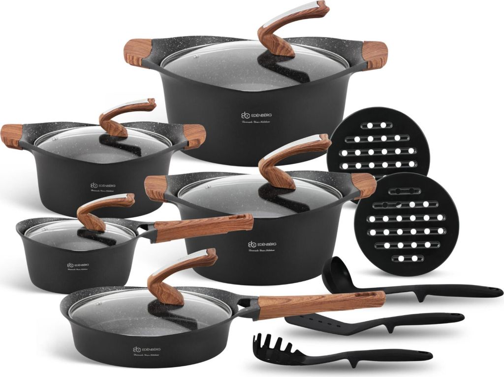 A collection of black cookware with wooden handles and glass lids, arranged on a white background.