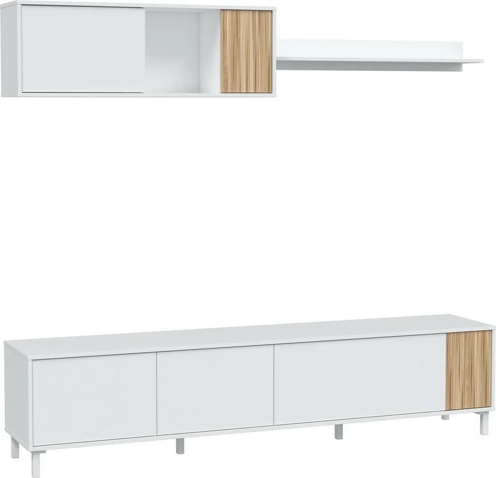 Grand Banc TV Blanc 200 cm Banari - Buffet Bas Salon 6 Compartiments