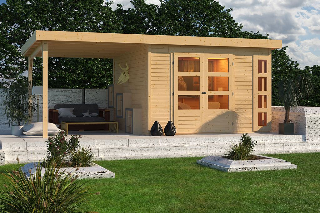 Karibu Gartenhaus Gerätehaus Kerko 6 im Set mit Anbaudach 2,40 m Breite naturbelassen 522x306x216 cm
