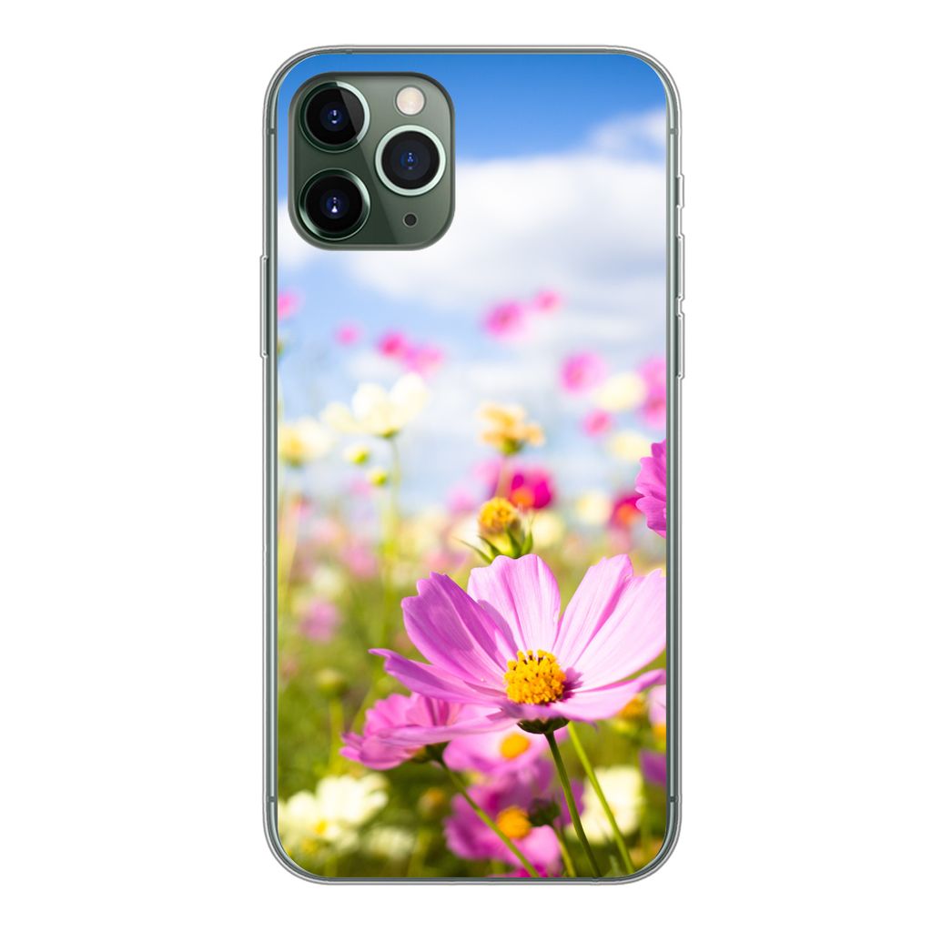 MuchoWow Handyhülle Schutzhülle Hülle für iPhone 11 Pro Blumen - Wiese - Lila - Gras - Weiß - Wolken - Blau Silikon Softcase Handy Hülle - ...