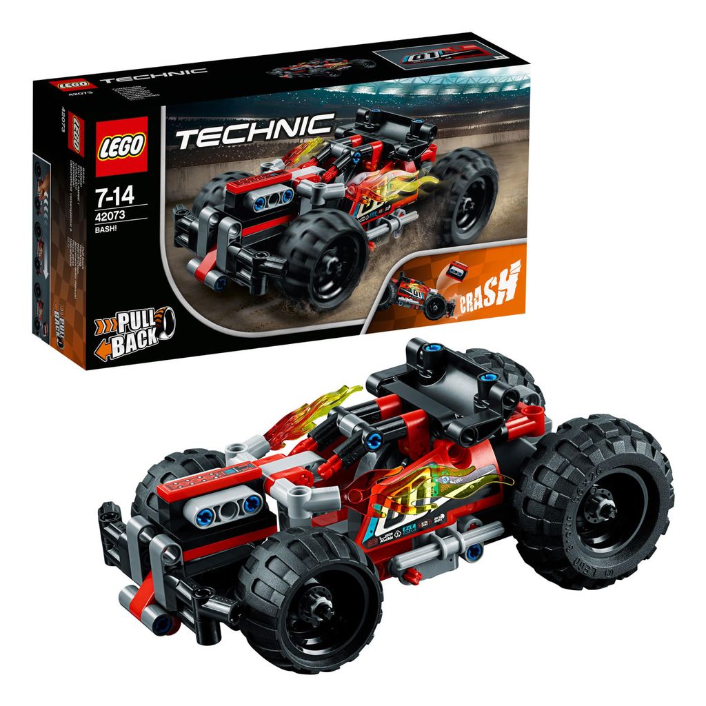 A LEGO Technic BUMMS! 42073 set box and the assembled toy car.