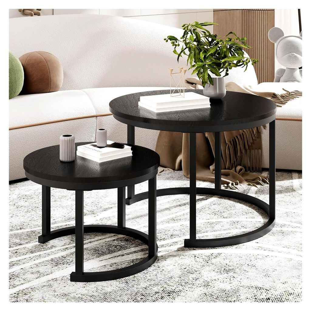 Runder Couchtisch, 2er Set, Holztisch, Moderner Wohnzimmertisch, Beistelltisch Set mit Metallgestell für Wohnzimmer und Balkon, Schwarz