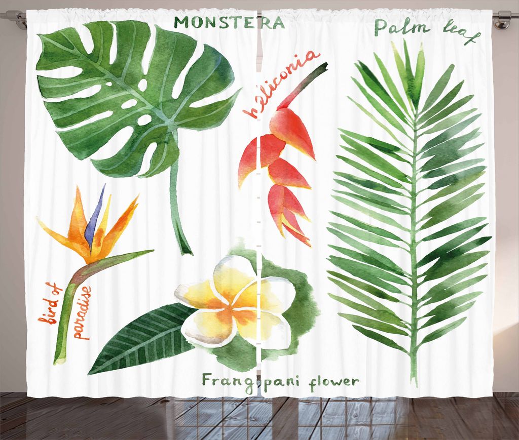 ABAKUHAUS Pflanze Rustikaler Vorhang, Tropical Flora, Wohnzimmer Universalband Gardinen mit Schlaufen und Haken, 280 x 175 cm, Braun Gelb Farngrün
