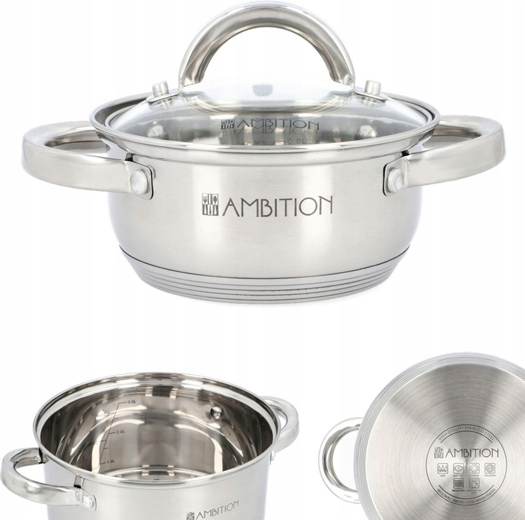 A collage of three images showing a stainless steel pot with a glass lid from different angles.