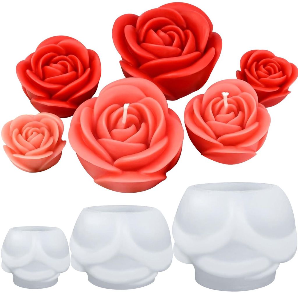 3-teiliges Silikon-Rosenform-Set für Kerzen, Silikonblumen, 3D-Rosenblüten, Fondant, Seife, Kuchen, Schokolade, Süßigkeiten, Gebäck und Desserts.