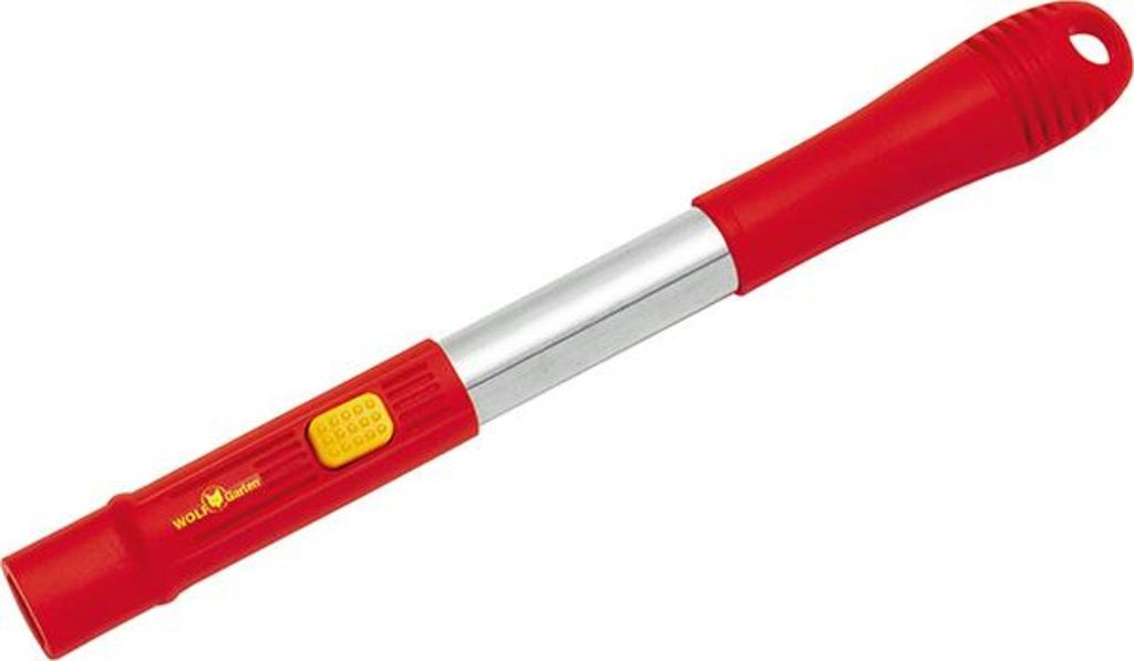 A red and silver handle for a garden tool, shown against a white background.
