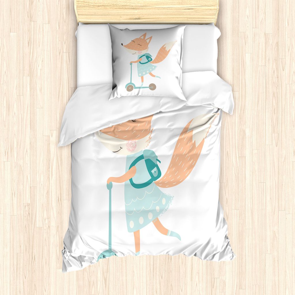 ABAKUHAUS Fuchs Bettbezug Set für Einzelbetten, Glückliches Tier und Tasche auf Roller, Milbensicher Allergiker geeignet mit Kissenbezug, 135 cm ...