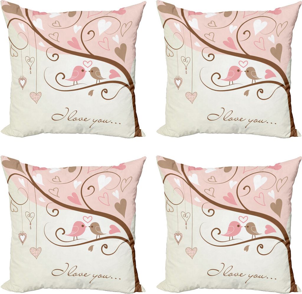 ABAKUHAUS Liebe Kissenbezug Set (4 Stück), 2 Vögel Romantik Motiv, Moderner Doppelseitiger Digitaldruck, 50 cm x 50 cm, Blush Braun Beige
