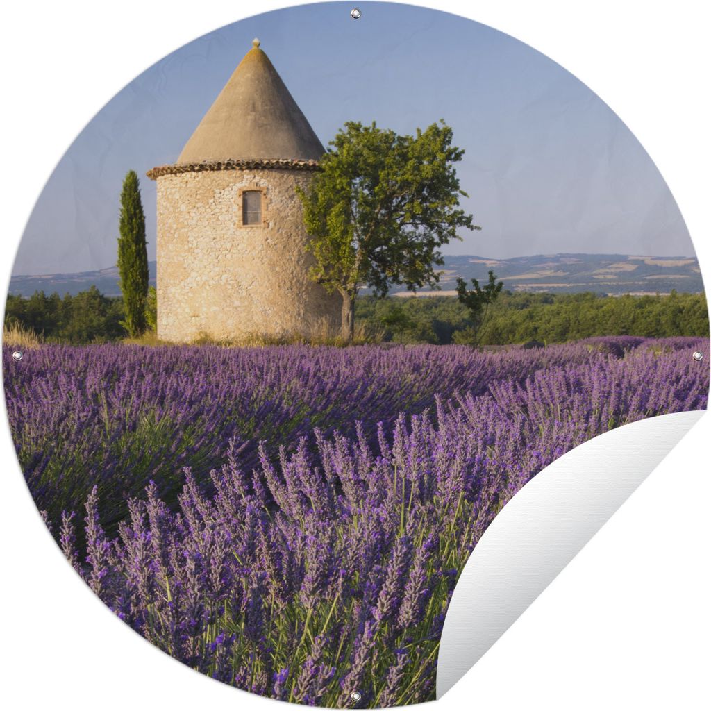 MuchoWow Gartenposter Outdoor-Poster Rund Runder Turm auf einem Lavendelfeld in Frankreich Ø 150 cm Gartendeko Rundes Poster draußen