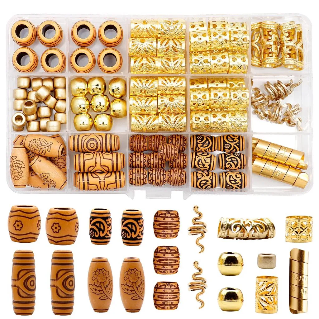 Bijoux de Cheveux Dorés pour Dreadlocks et Tresses - Lot de 124 pcs