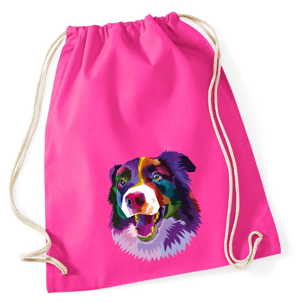 Huuraa Turnbeutel Border Collie Colorful 12 Liter Fuchsia Baumwolle Rucksack Geschenkidee