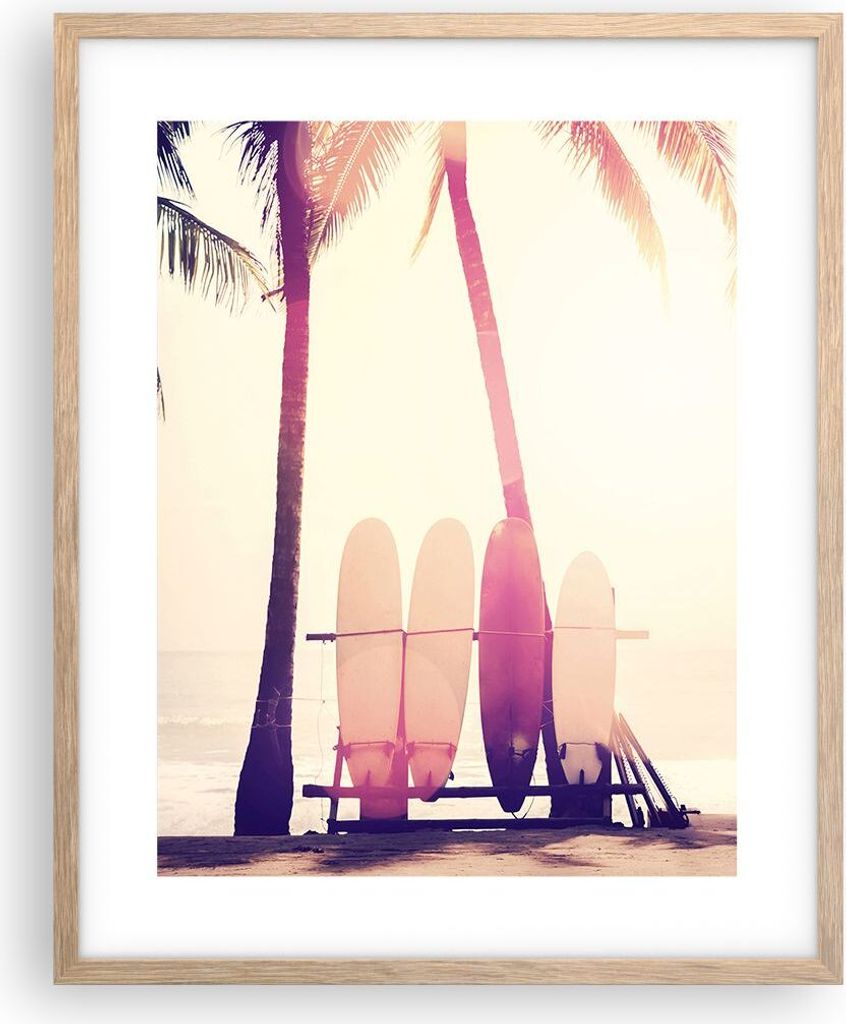 Gerahmtes Poster - Rahmen in heller Eiche - Fackel Strand Surfen - 40x50 cm - Wand Bild - Wanddeko - Wandbilder - Kunstposter - Wandposter - Bilder...