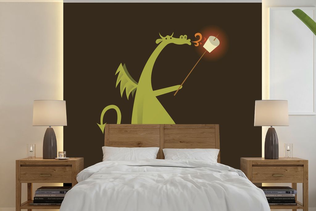 MuchoWow Fototapete für Wohnzimmer oder Schlafzimmer Wandtapete Vinyl Motivtapete Illustration eines Drachens mit einem Marshmallow - 240x240 cm...