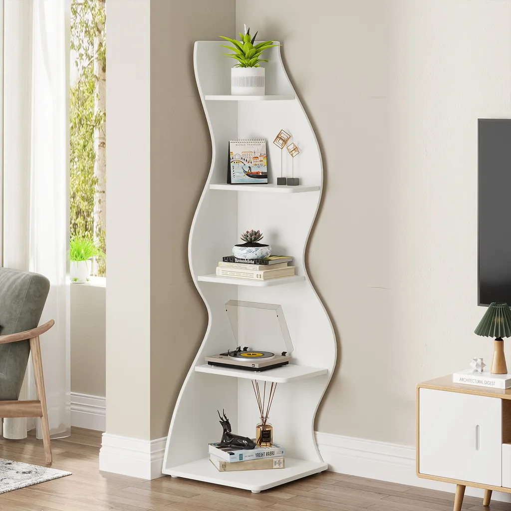 Bibliothèque d'Angle Blanche Moderne 5 Étagères pour Rangement Intérieur - 5