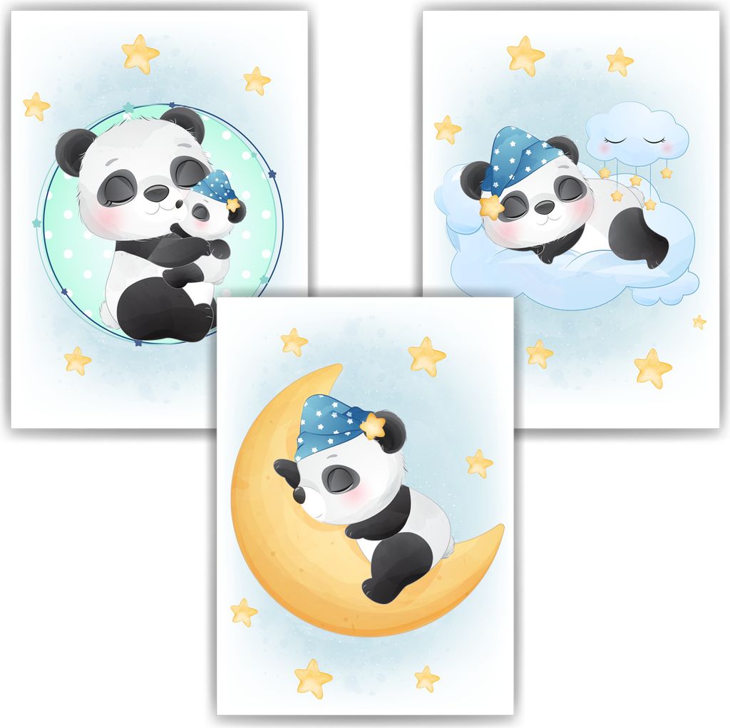 3er Set Poster für Kinderzimmer Bilder Babyzimmer Babyparty Kinderposter Panda – DIN A4 (21x29.7cm)