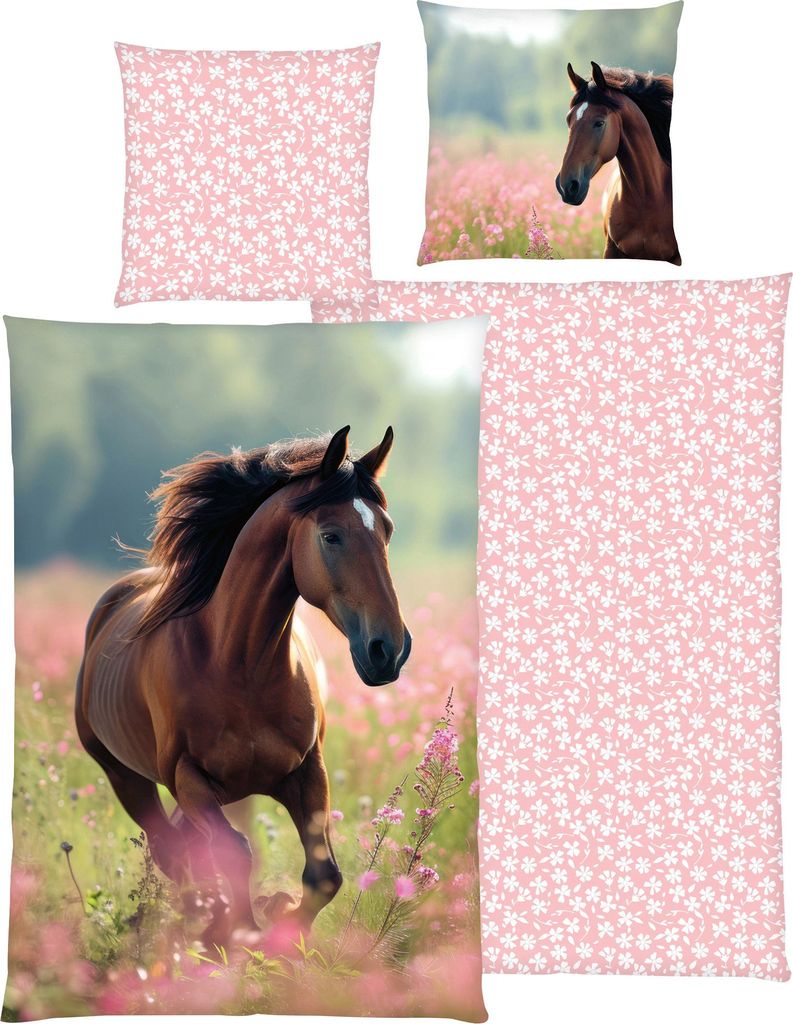 Herding Wendebettwäsche Pferd" rosa 1x 135x200 cm + 1x 80x80 cm"