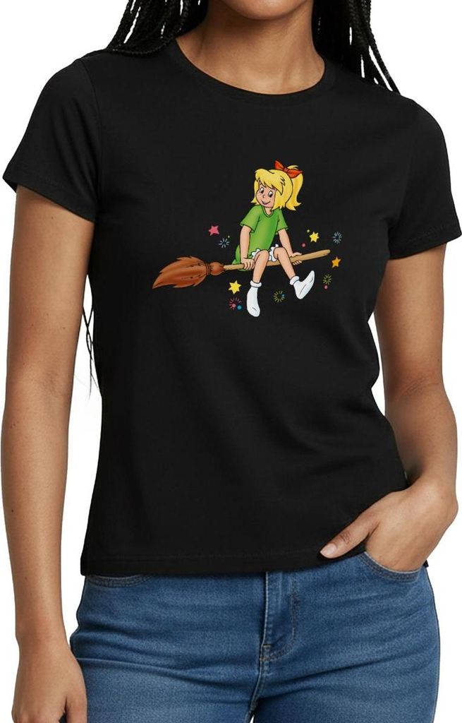 Spreadshirt Bibi Blocksberg Sitzt Sicher Auf Besen Kartoffelbrei Frauen T-Shirt, XL, Schwarz