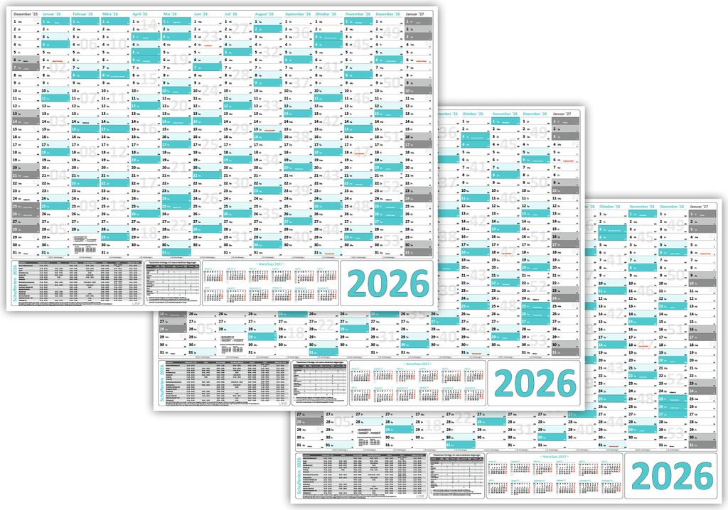 3 Stück XL Wandkalender Wandplaner 2026 türkis (gerollt) DIN A1 Format (594 x 841 mm) 14 Monate komplette Jahresvorschau Folgejahr und Ferienterm...