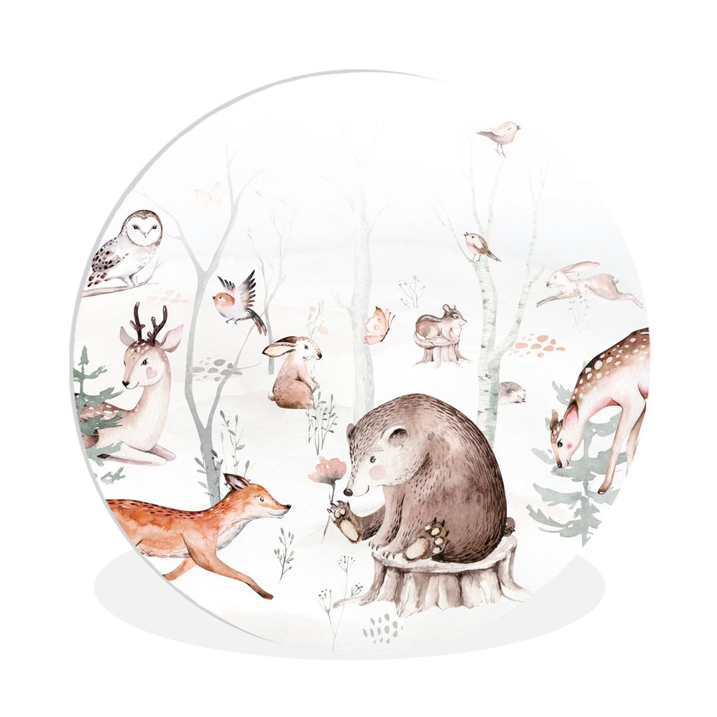 MuchoWow Rundes Wandbild - Runde Bilder Waldtiere - Aquarell - Tiere - Weiß - Kind - Kinderzimmer Ø 90 cm Kreis Wanddekoration Kunststoff - Wan...