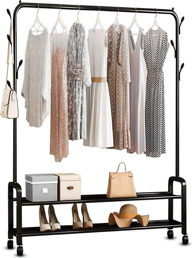 Kleiderständer mit Rollen und Schuhregal | Platzsparender Garderobenständer 102 x 34 x 157 cm