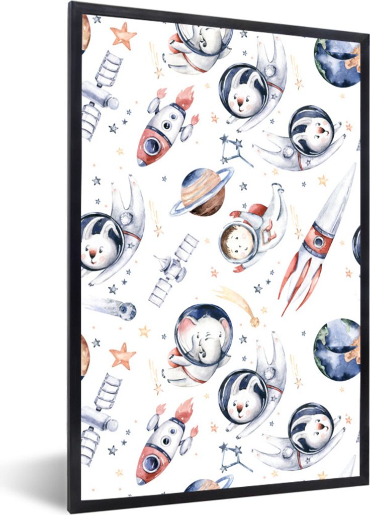 MuchoWow Gerahmtes Poster Muster - Planeten - Kinder - Mädchen - Kinder - Kinder - Mädchen 40x60 cm - Poster mit Schwarzem Bilderrahmen Wandpos...