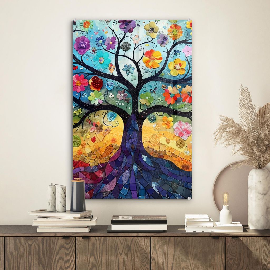 MuchoWow Glasbilder - Bilder auf Wandbild - Foto auf Glas Baum - Bunt - Blumen - Kunst - Abstrakt 40x60 cm Wanddekoration aus Glas - Acrylglasbild ...
