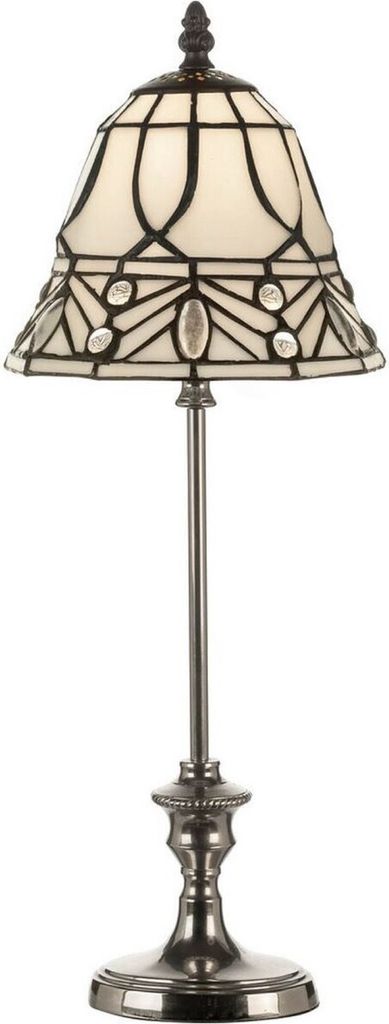 Casa Padrino Luxus Tiffany Tischleuchte Weiß / Schwarz / Silber Ø 18 x H. 49 cm - Elegante Schreibtischleuchte - Deko Accessoires