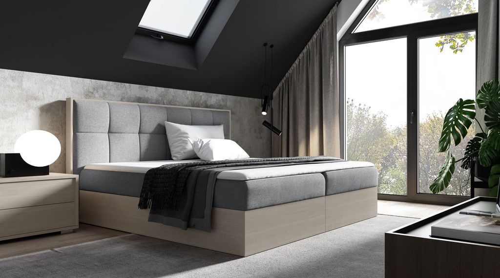 Kontinentales Bett 200x200 CHANTELLE 8 - nordisches Teakholz / Grau + GRATIS Matratzenauflage