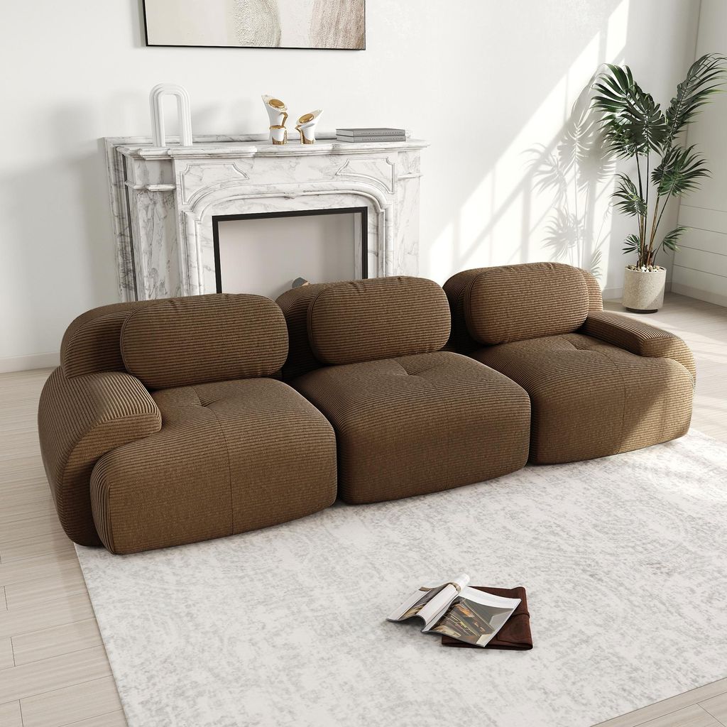 3-Sitzer-Sofa aus Cord, modulares Bodenschlafsofa, Ecksofa, rahmenlose Sofas mit geschwungenen Armlehnen und rutschfester Unterseite, braun