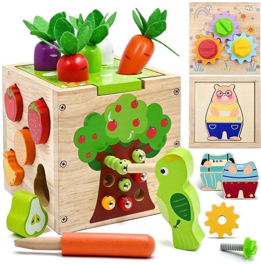 5-in-1 Motorikwürfel aus Holz, Montessori Spielzeug ab 18 Monaten, 49-teilig